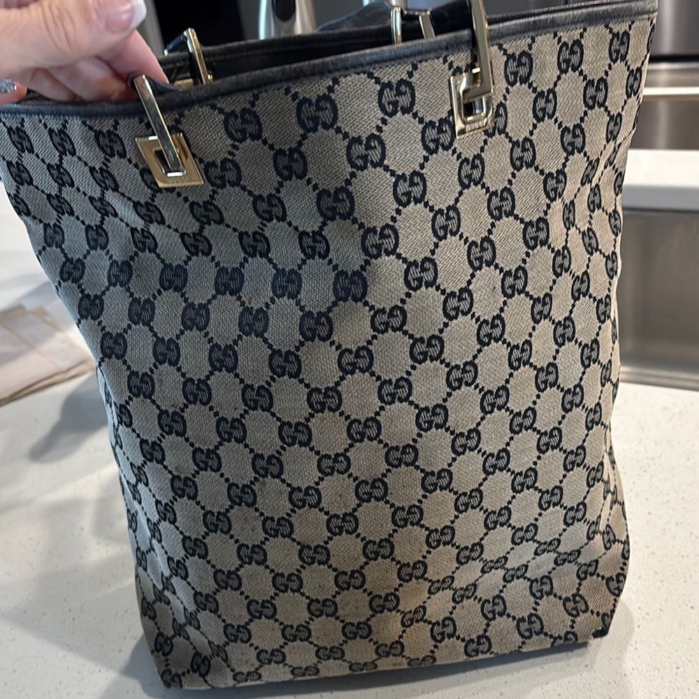 Gucci Navy Beige Shoulder Bag with Iconic GG Monogram
